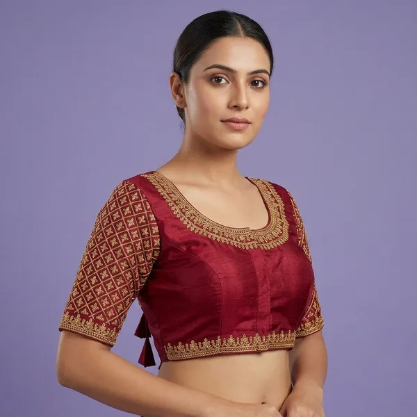 Maroon_Silk_Padded_Round_Neck_Blouse_For_Women