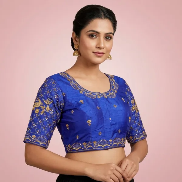 Blue_Silk_Padded_Round_Neck_Blouse_For_Women