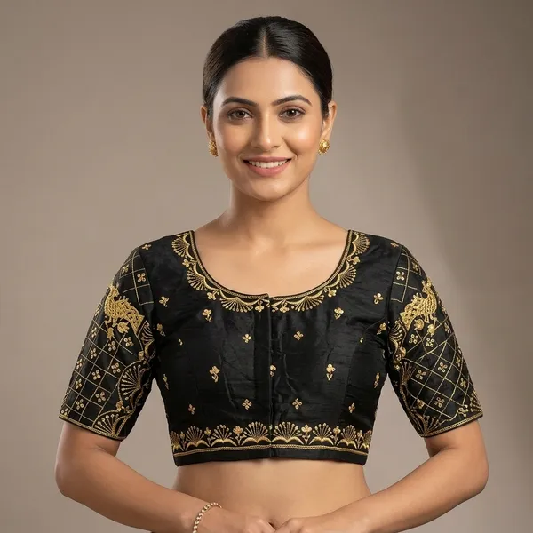 Black_Silk_Padded_Round_Neck_Blouse_For_Women
