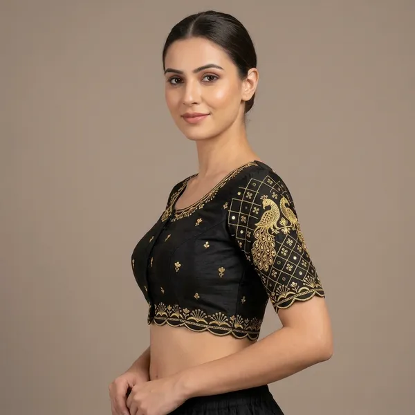 Black_Silk_Padded_Round_Neck_Blouse_For_Women