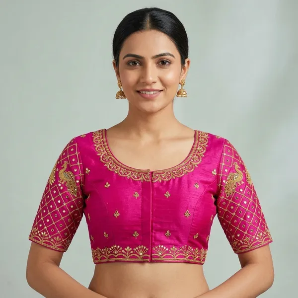 Pink_Silk_Short_Sleeve_Front_Open_Round_Neck_Blouse_For_Women
