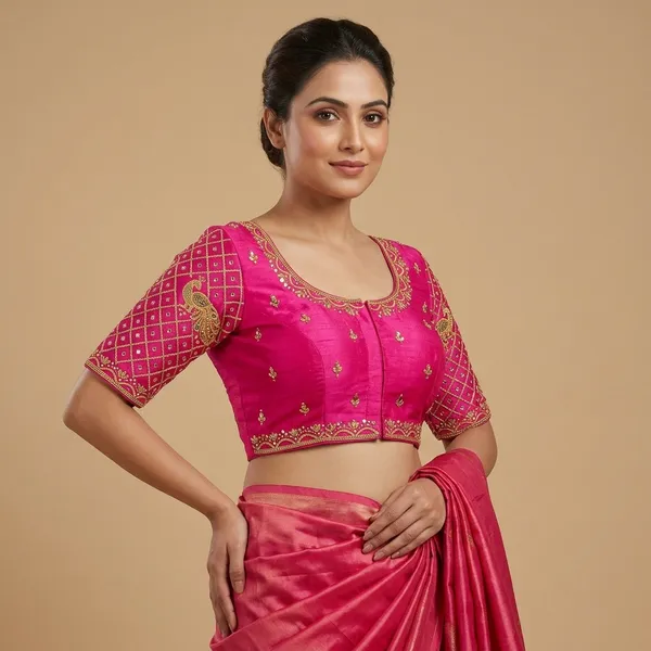 Pink_Silk_Short_Sleeve_Front_Open_Round_Neck_Blouse_For_Women