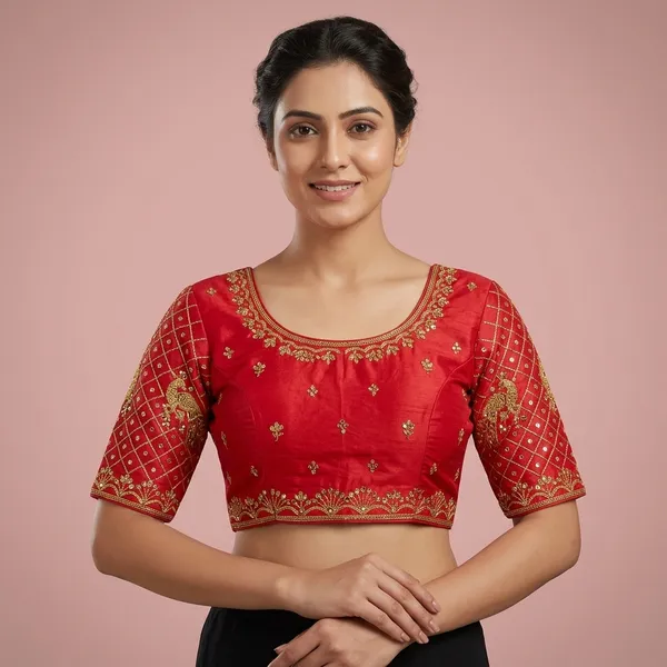 Red_Silk_Round_Neck_Padded_Blouse_For_Women