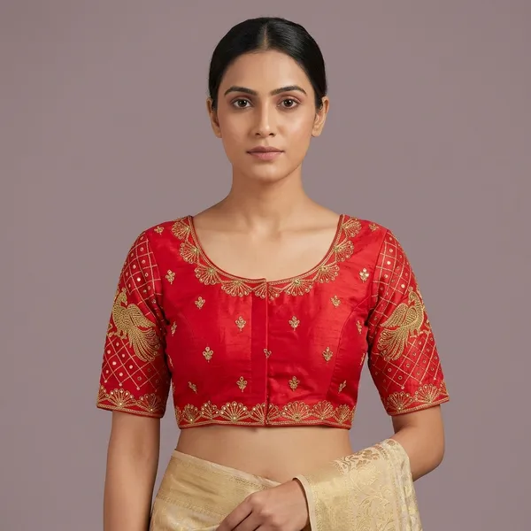 Red_Silk_Round_Neck_Padded_Blouse_For_Women