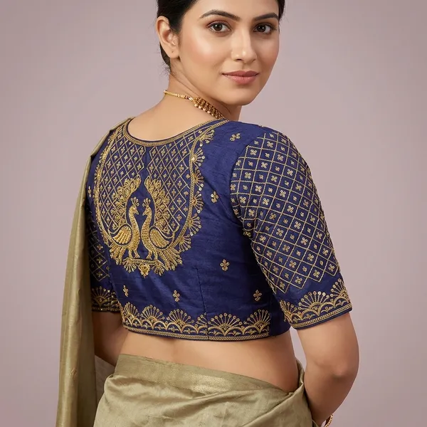 Navy_Blue_Silk_Padded_Round_Neck_Blouse_For_Women