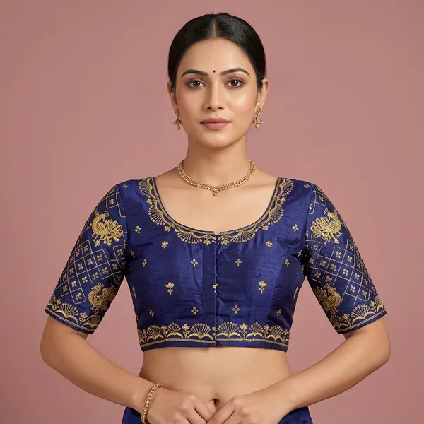 Navy_Blue_Silk_Padded_Round_Neck_Blouse_For_Women