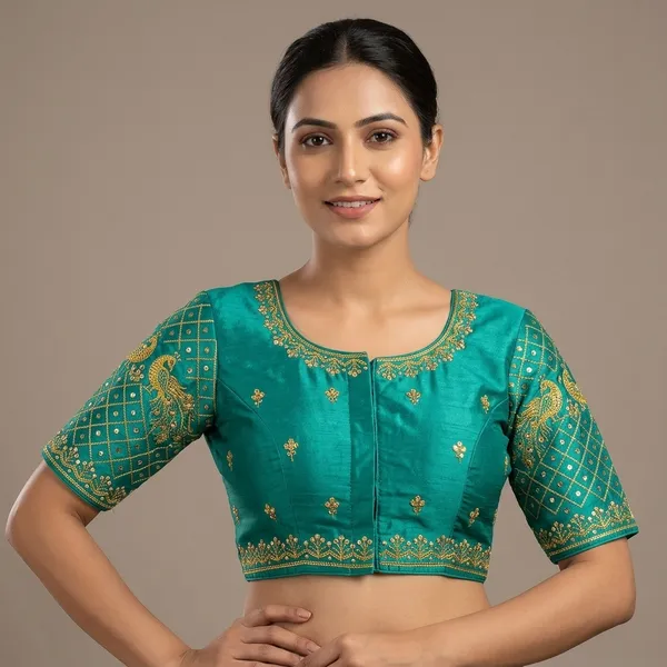 Teal_Silk_Padded_Front_Open_Round_Neck_Blouse_For_Women
