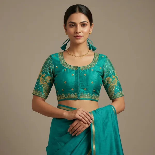 Teal_Silk_Padded_Front_Open_Round_Neck_Blouse_For_Women