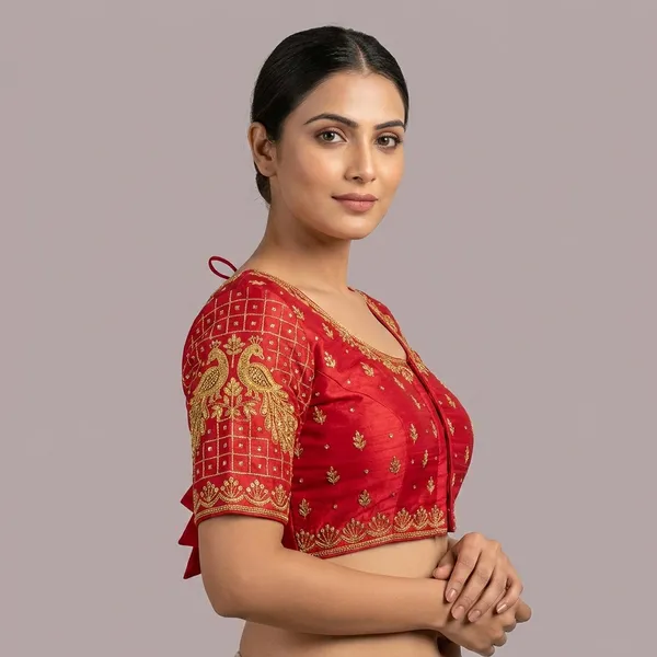 Red_Silk_Short_Sleeve_Embroidered_Front_Open_Round_Neck_Blouse_For_Women