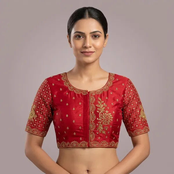 Red_Silk_Short_Sleeve_Embroidered_Front_Open_Round_Neck_Blouse_For_Women