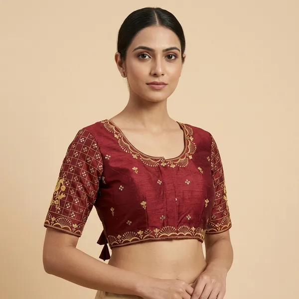 Red_Silk_Short_Sleeve_Front_Open_Round_Neck_Blouse_For_Women