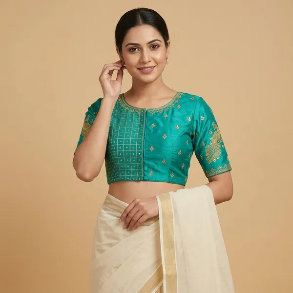 Green_Silk_Short_Sleeve_Front_Open_Round_Neck_Blouse_For_Women