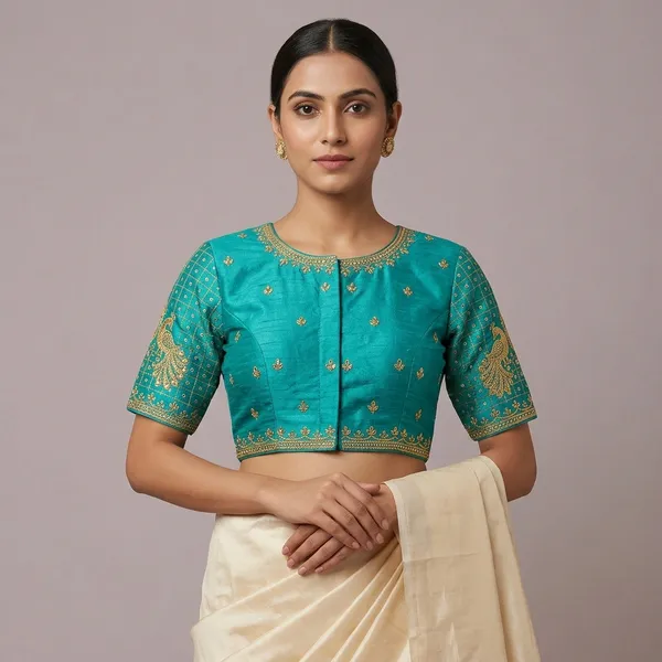 Green_Silk_Short_Sleeve_Front_Open_Round_Neck_Blouse_For_Women