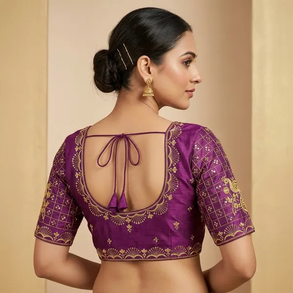 Wine_Silk_Padded_Round_Neck_Blouse_For_Women
