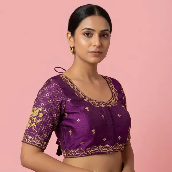 Wine_Silk_Padded_Round_Neck_Blouse_For_Women