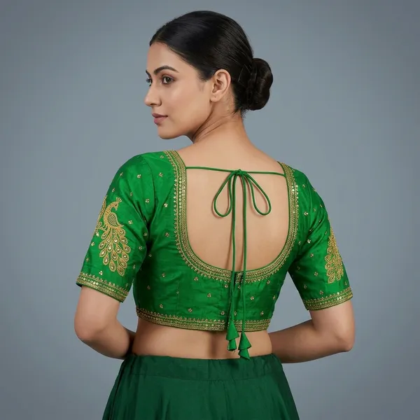 Green_Silk_Padded_Round_Neck_Blouse_For_Women