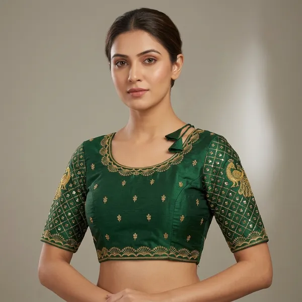Dark_Green_Silk_Padded_Round_Neck_Blouse_For_Women