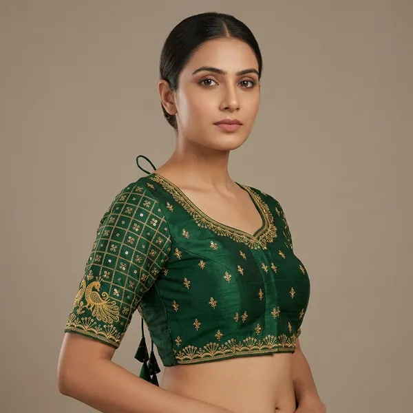 Dark_Green_Silk_Padded_Round_Neck_Blouse_For_Women