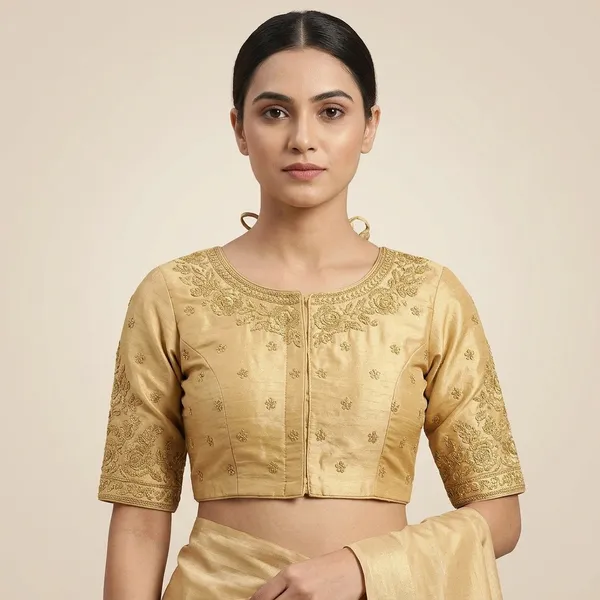 Gold_Silk_Padded_Front_Open_Round_Neck_Blouse_For_Women