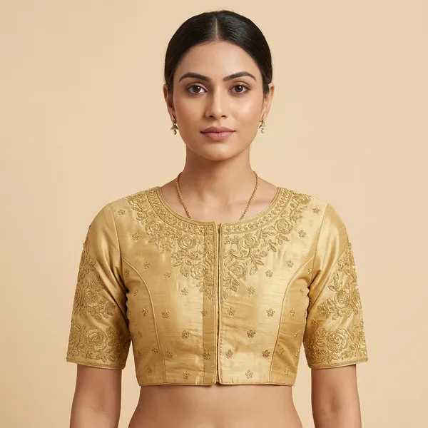 Gold_Silk_Padded_Front_Open_Round_Neck_Blouse_For_Women