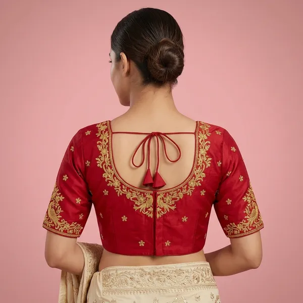 Red_Silk_Round_Neck_Padded_Blouse_For_Women