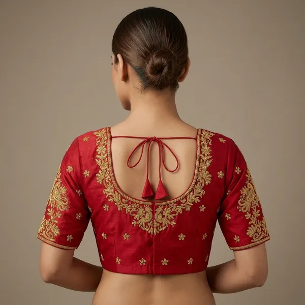 Red_Silk_Round_Neck_Padded_Blouse_For_Women