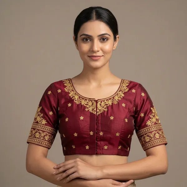 Maroon_Silk_Padded_Front_Open_Round_Neck_Blouse_For_Women