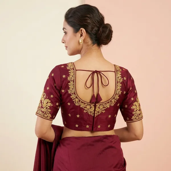 Maroon_Silk_Padded_Front_Open_Round_Neck_Blouse_For_Women