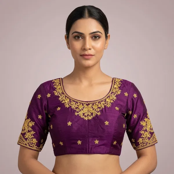 Wine_Silk_Padded_Round_Neck_Blouse_For_Women