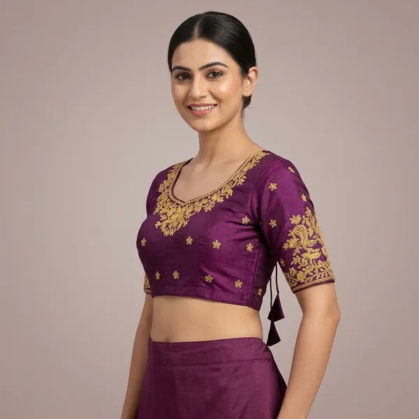Wine_Silk_Padded_Round_Neck_Blouse_For_Women