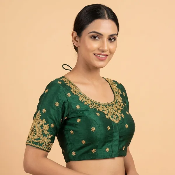 Green_Silk_Short_Sleeve_Front_Open_Round_Neck_Blouse_For_Women