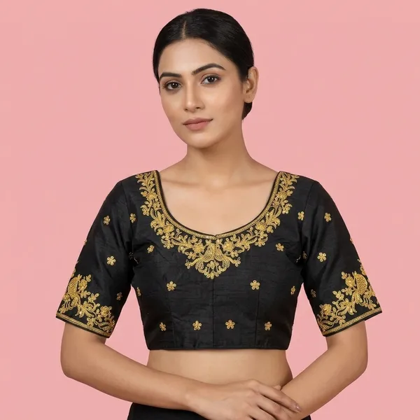 Black_Silk_Padded_Front_Open_Round_Neck_Blouse_For_Women