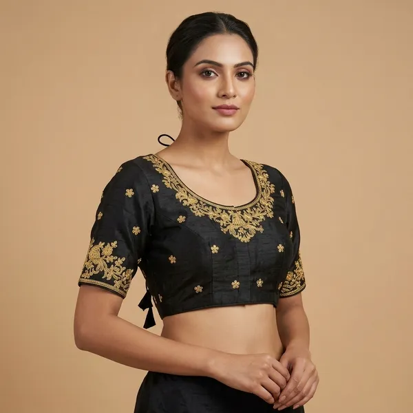 Black_Silk_Padded_Front_Open_Round_Neck_Blouse_For_Women
