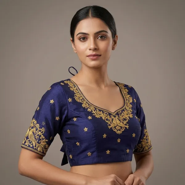 Navy_Blue_Silk_Padded_Round_Neck_Blouse_For_Women