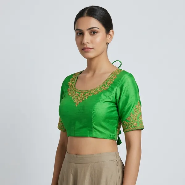Green_Silk_Short_Sleeve_Blouse_For_Women