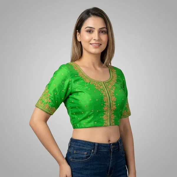 Green_Silk_Short_Sleeve_Blouse_For_Women