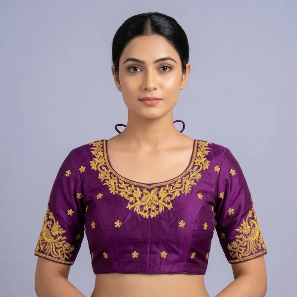 Purple_Silk_Round_Neck_Padded_Blouse_For_Women