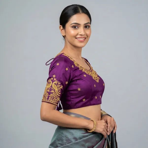 Purple_Silk_Round_Neck_Padded_Blouse_For_Women