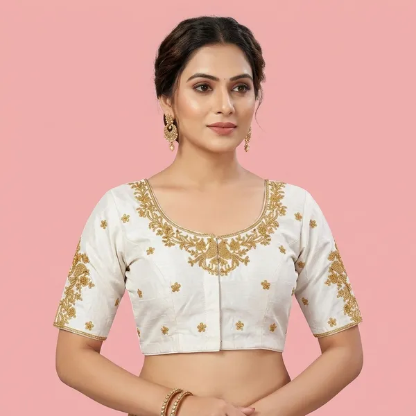 White_Silk_Short_Sleeve_Round_Neck_Blouse_For_Women