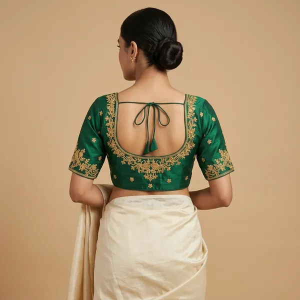 Dark_Green_Silk_Round_Neck_Padded_Blouse_For_Women