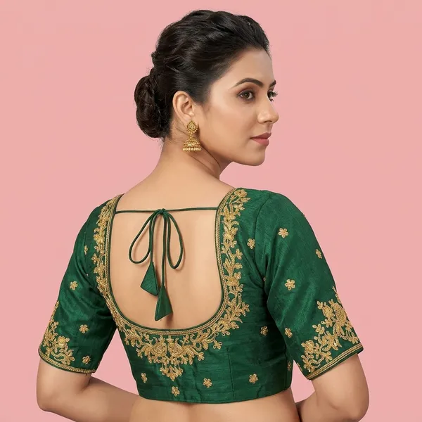 Dark_Green_Silk_Round_Neck_Padded_Blouse_For_Women
