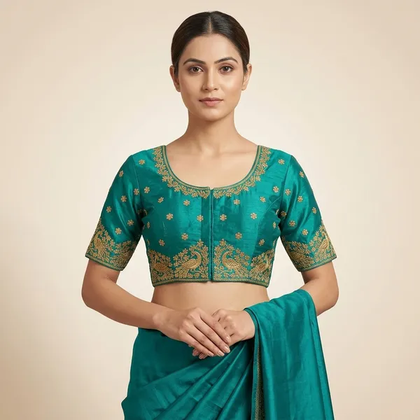 Teal_Silk_Padded_Front_Open_Blouse_For_Women