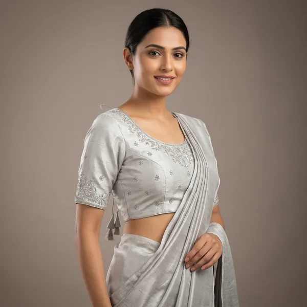 Silver_Silk_Padded_Round_Neck_Blouse_For_Women