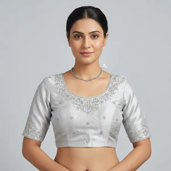 Silver_Silk_Padded_Round_Neck_Blouse_For_Women
