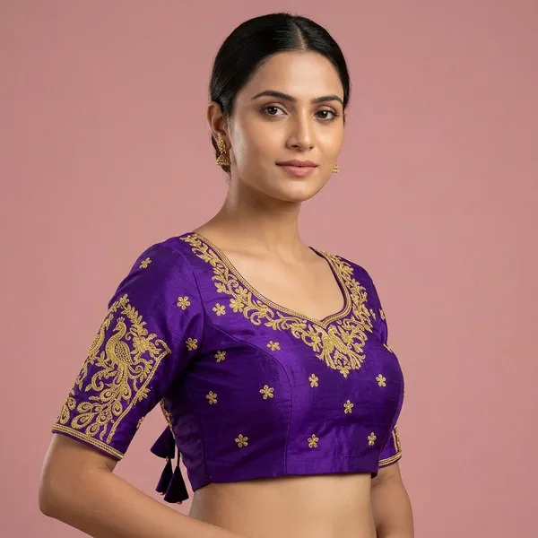 Violet_Silk_Short_Sleeve_Round_Neck_Blouse_For_Women
