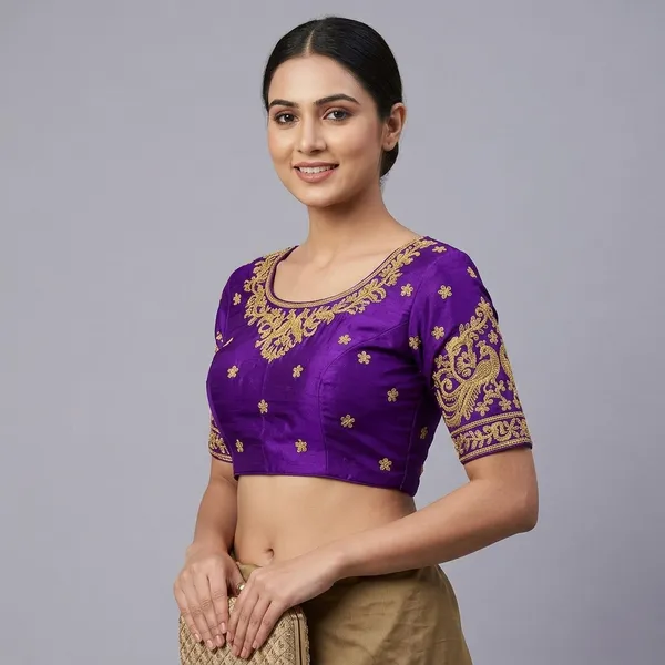Violet_Silk_Short_Sleeve_Round_Neck_Blouse_For_Women