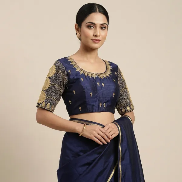 Navy_Blue_Silk_Embroidered_Padded_Blouse_For_Women