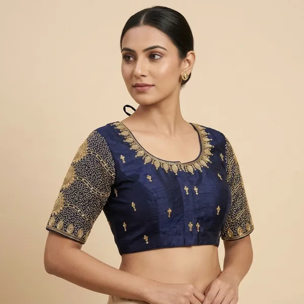 Navy_Blue_Silk_Embroidered_Padded_Blouse_For_Women