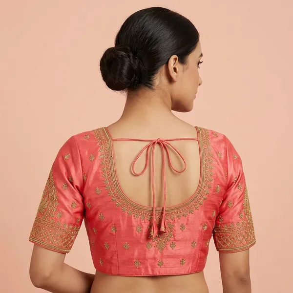 Pink_Silk_Short_Sleeve_Round_Neck_Blouse_For_Women