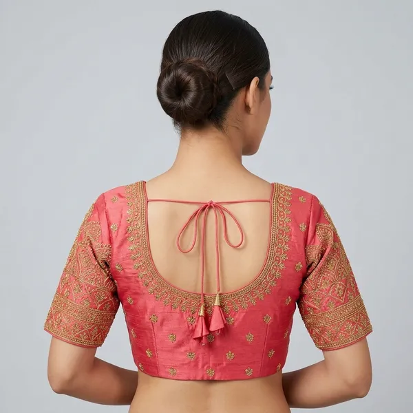 Pink_Silk_Short_Sleeve_Round_Neck_Blouse_For_Women
